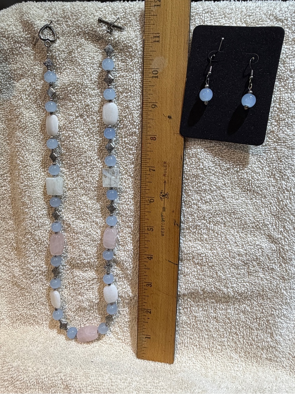 Sky Blue, White Bead, Rose Color Bead, Silver Bead Necklace & Earrings Set  NWOT